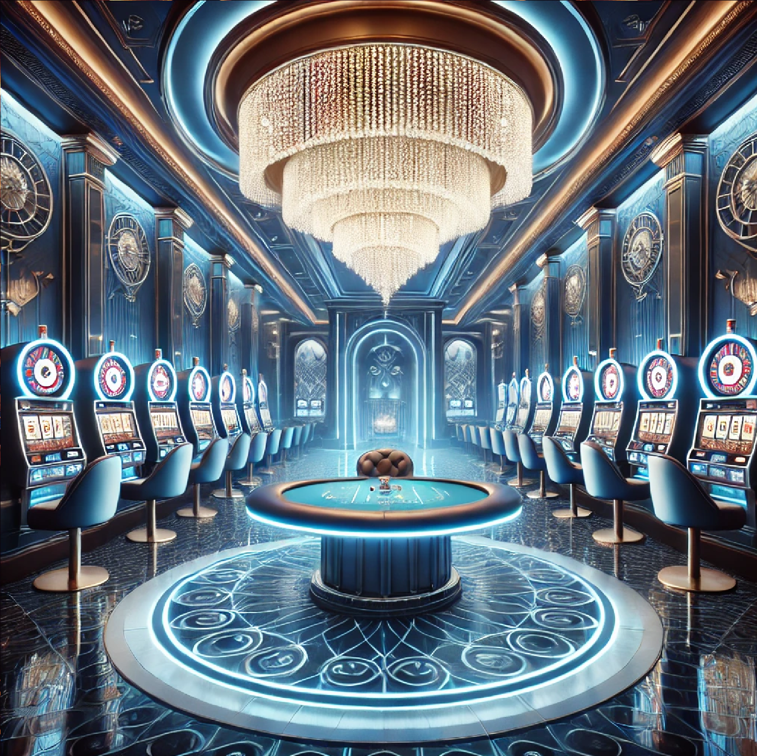 A futuristic casino floor with advanced slot machines featuring VR headsets and 3D displays