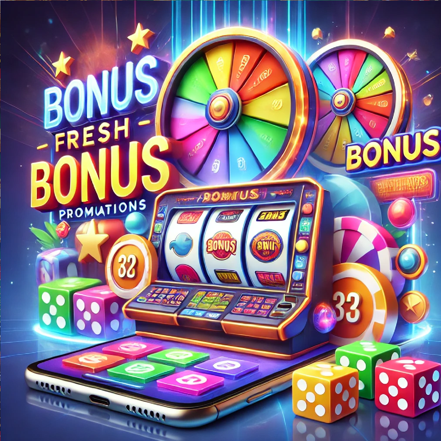 A montage featuring diverse casino games and bonus icons, such as slot machines, roulette wheels, and golden coins with percentage symbols, illustrating fresh bonus promotions in online casinos